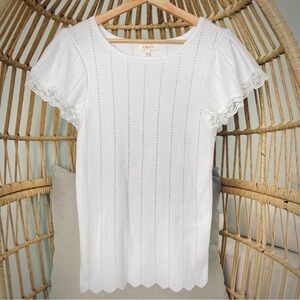 🍑A Peach White Pointelle Tee Lace Flutter Sleeve Top Scalloped Bottom Size L